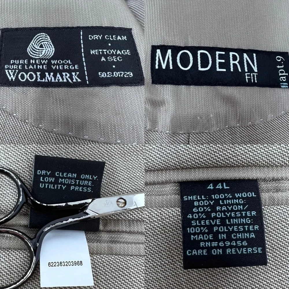 APT 9 Modern Fit Mens Wool Two Button Suit Jacket Sport Coat Size 44L Beige